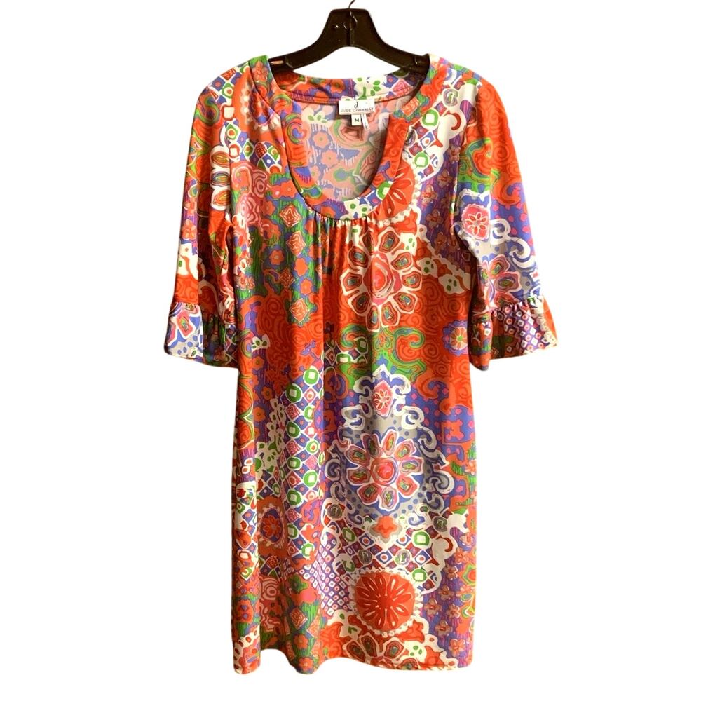 Jude Connally Dress Size Medium Womens Multi Bright Colors & 3/4 Ruffle Sleeves